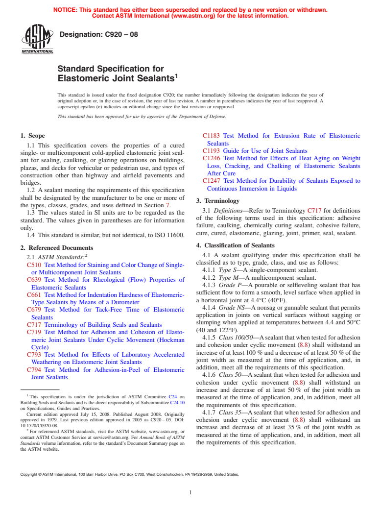 ASTM C920-08 - Standard Specification for  Elastomeric Joint Sealants