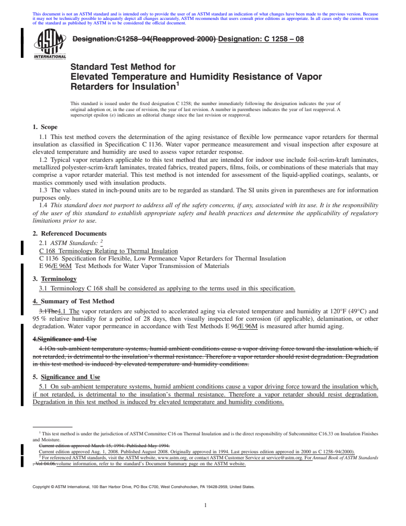 REDLINE ASTM C1258-08 - Standard Test Method for Elevated Temperature and Humidity Resistance of Vapor Retarders for Insulation