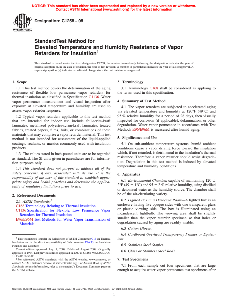 ASTM C1258-08 - Standard Test Method for Elevated Temperature and Humidity Resistance of Vapor Retarders for Insulation