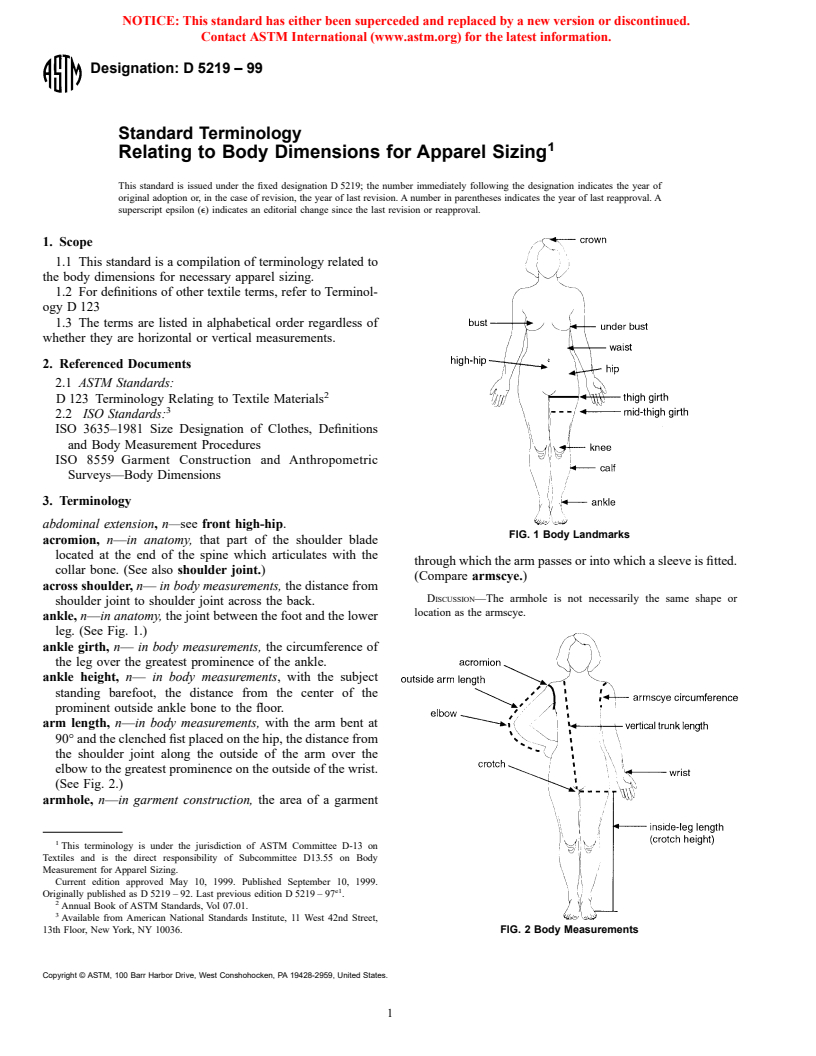 ASTM D5219-99 - Standard Terminology Relating to Body Dimensions for Apparel Sizing