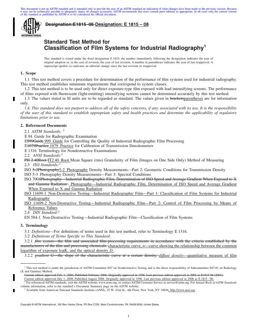 REDLINE ASTM E1815-08 - Standard Test Method for Classification of Film Systems for Industrial Radiography