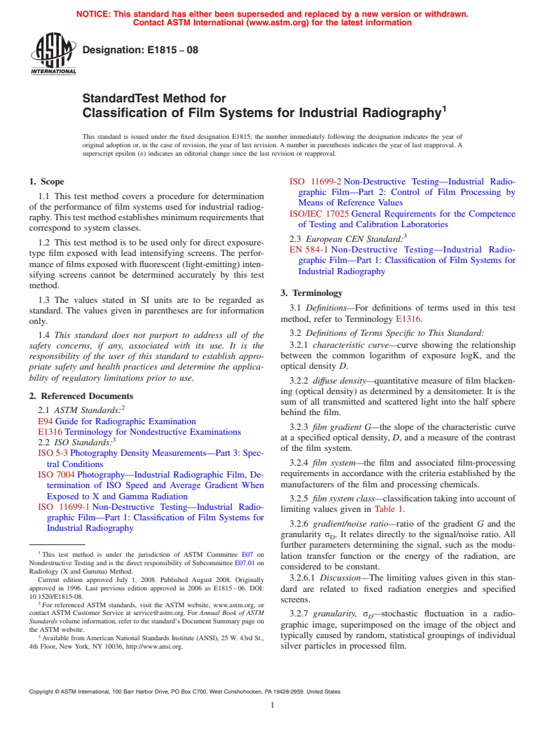 ASTM E1815-08 - Standard Test Method for Classification of Film Systems for Industrial Radiography