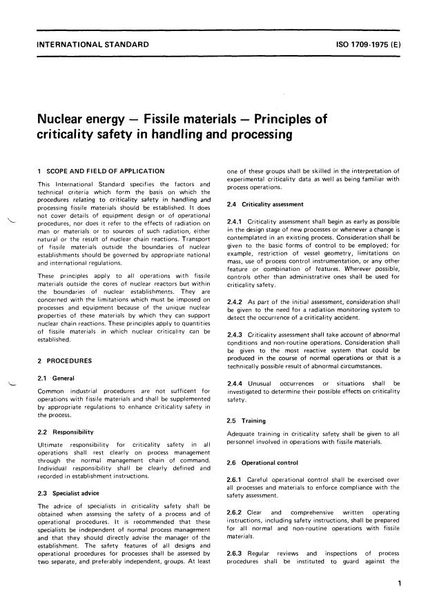ISO 1709:1975 ISO 1709:1975 - Nuclear energy -- Fissile materials -- Principles of criticality safety in handling and processing - Page 2 preview