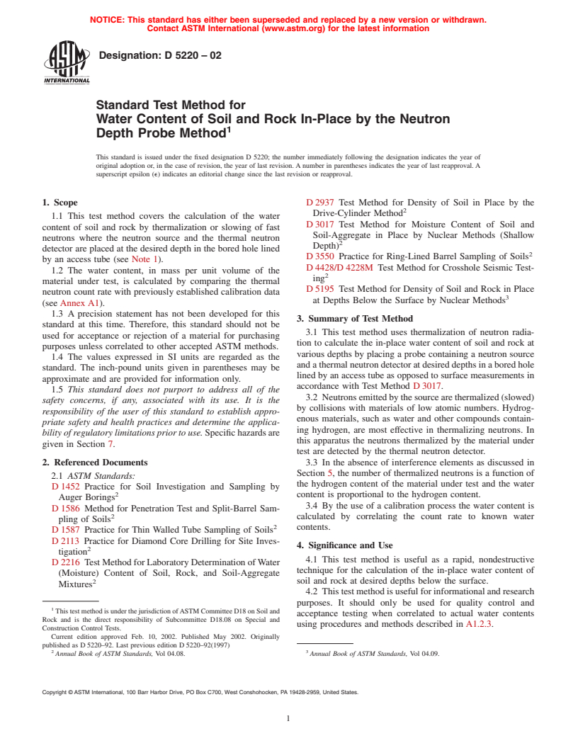 ASTM D5220-02 - Standard Test Method for Water Content of Soil and Rock In-Place by the Neutron Depth Probe Method