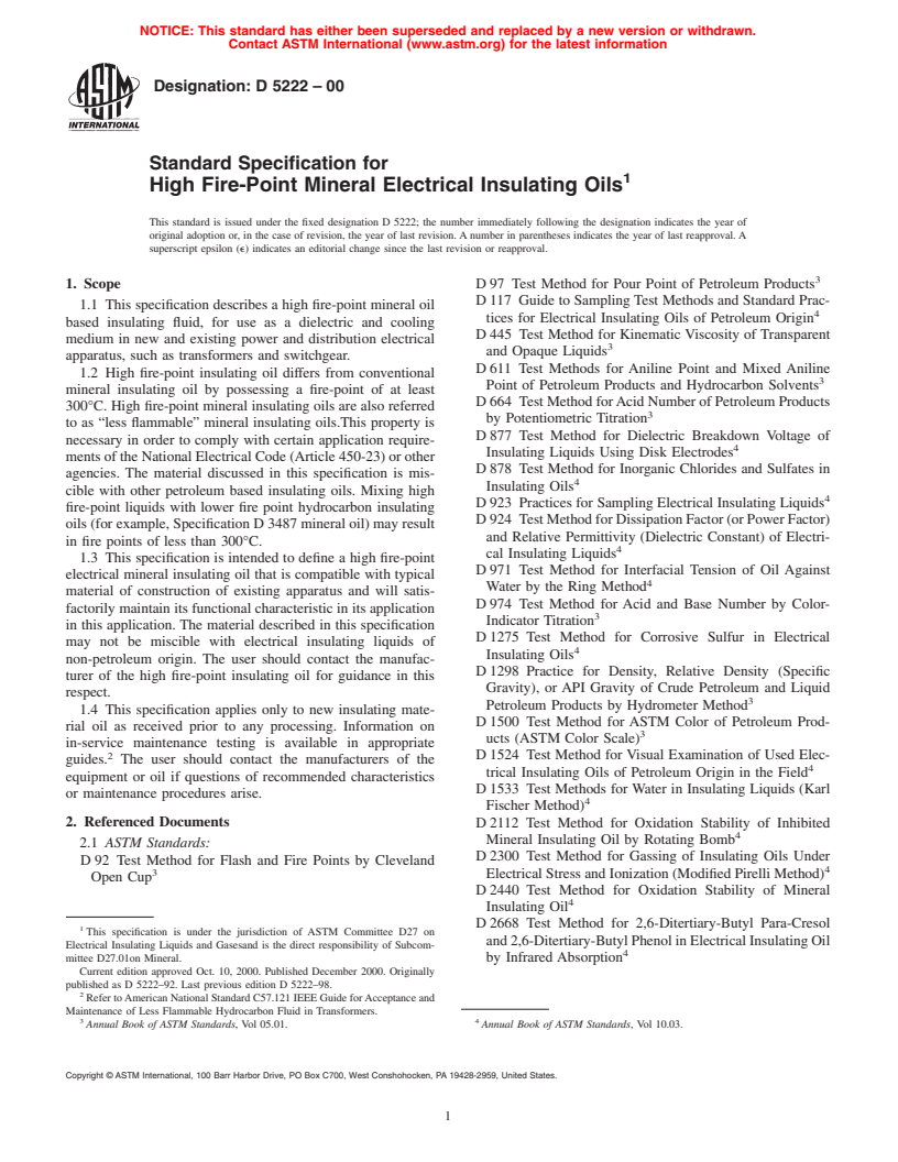 ASTM D5222-00 - Standard Specification for High Fire-Point Mineral Electrical Insulating Oils