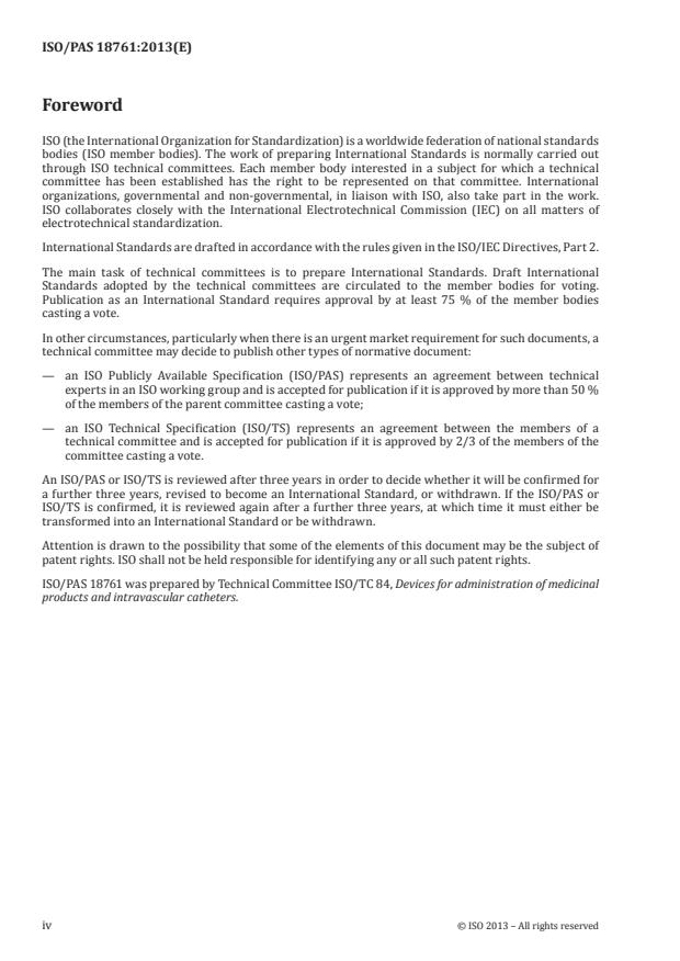 ISO/PAS 18761:2013 ISO/PAS 18761:2013 - Use and handling of medical devices covered by the scope of ISO/TC 84 -- Risk assessment on mucocutaneous blood exposure - Page 4 preview