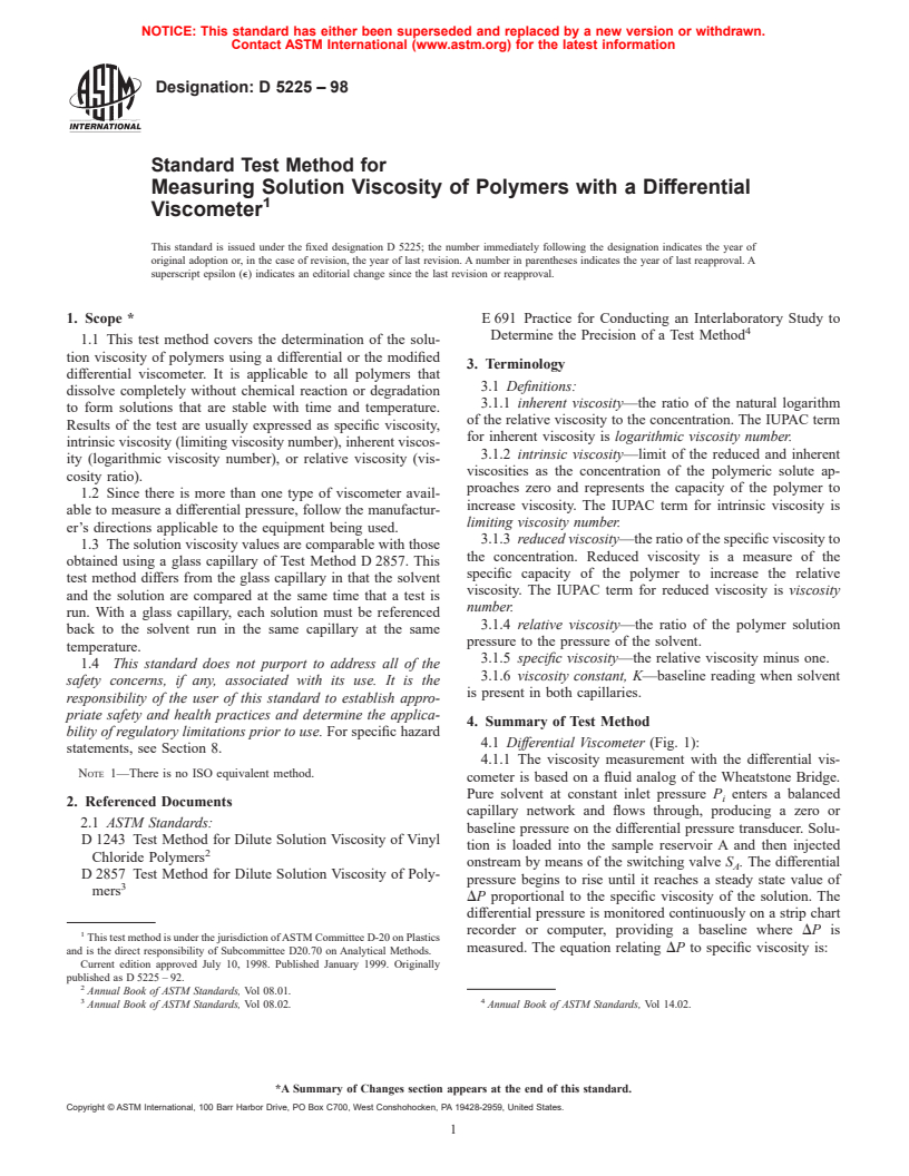 ASTM D5225-98 - Standard Test Method for Measuring Solution Viscosity of Polymers with a Differential Viscometer