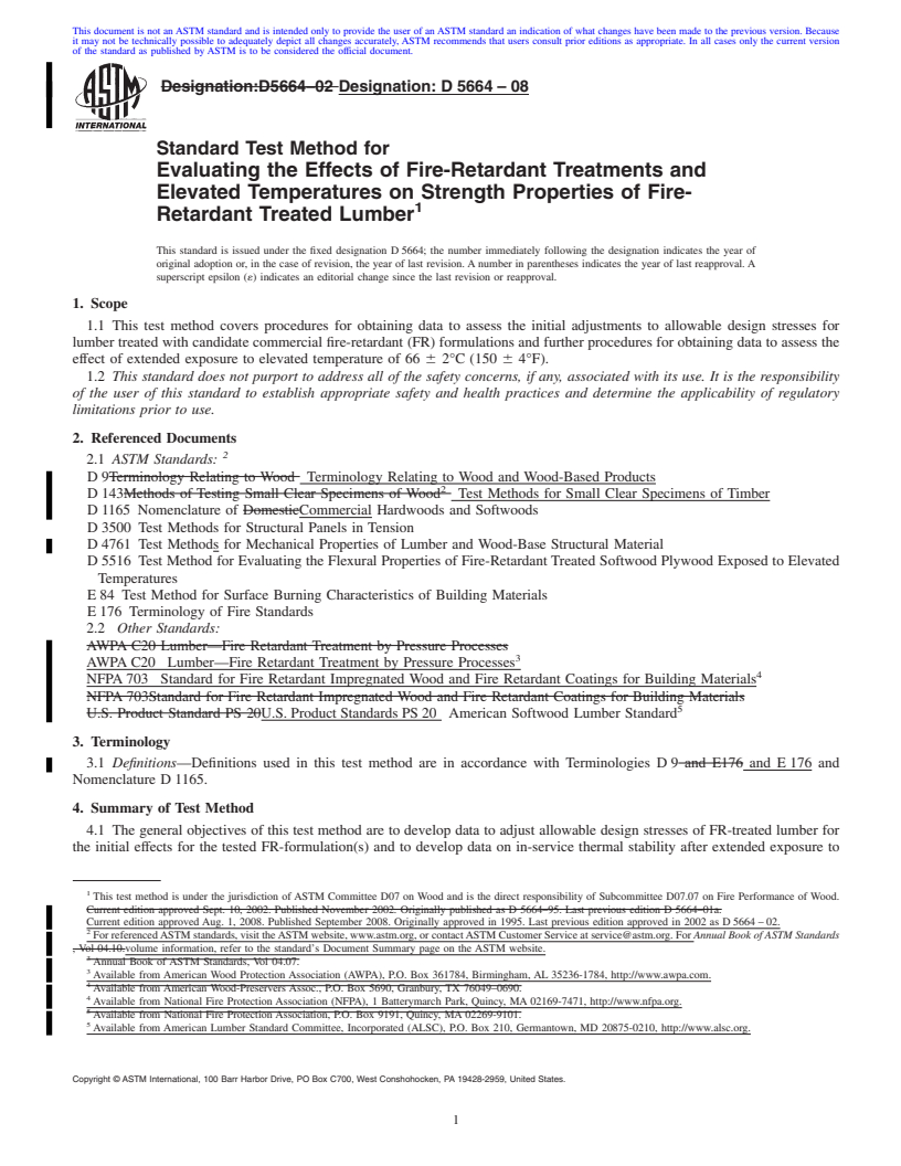 REDLINE ASTM D5664-08 - Standard Test Method for Evaluating the Effects of Fire-Retardant Treatments and Elevated Temperatures on Strength Properties of Fire-Retardant Treated Lumber