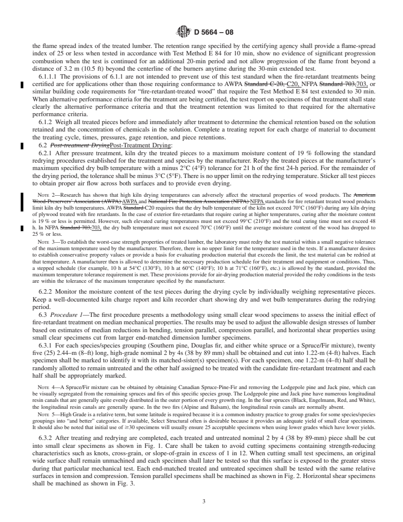 REDLINE ASTM D5664-08 - Standard Test Method for Evaluating the Effects of Fire-Retardant Treatments and Elevated Temperatures on Strength Properties of Fire-Retardant Treated Lumber