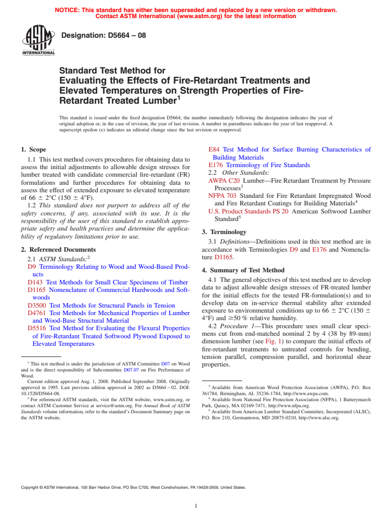 ASTM D5664-08 - Standard Test Method for Evaluating the Effects of Fire-Retardant Treatments and Elevated Temperatures on Strength Properties of Fire-Retardant Treated Lumber