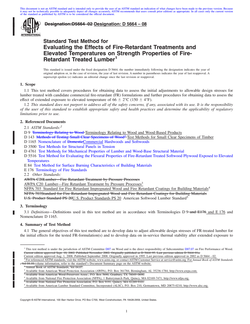 REDLINE ASTM D5664-08 - Standard Test Method for Evaluating the Effects of Fire-Retardant Treatments and Elevated Temperatures on Strength Properties of Fire-Retardant Treated Lumber