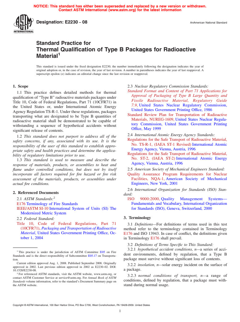 ASTM E2230-08 - Standard Practice for Thermal Qualification of Type B Packages for Radioactive Material