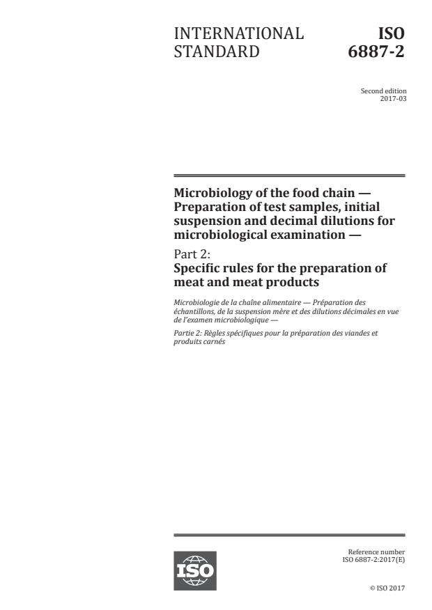 ISO 6887-2:2017 - Microbiology of the food chain -- Preparation of test samples, initial suspension and decimal dilutions for microbiological examination