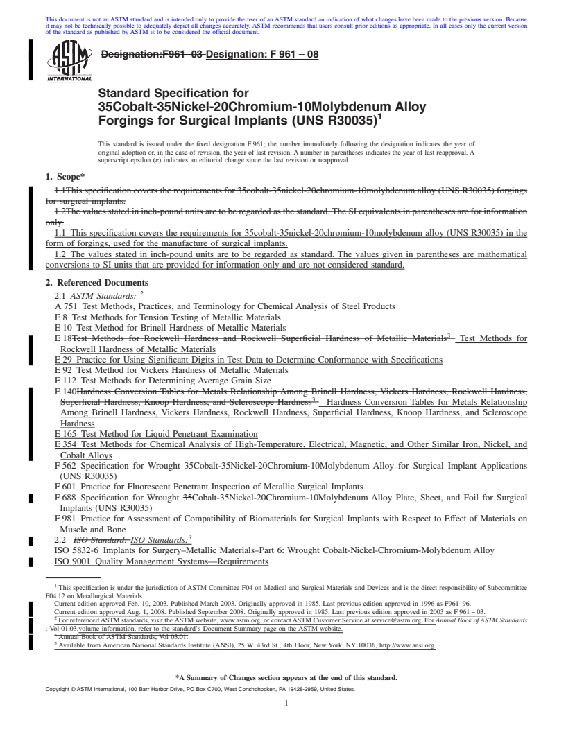 REDLINE ASTM F961-08 - Standard Specification for 35Cobalt-35Nickel-20Chromium-10Molybdenum Alloy Forgings for Surgical Implants (UNS R30035)