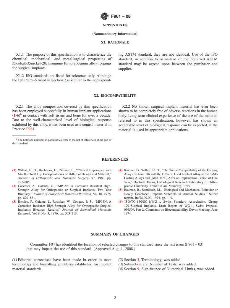 ASTM F961-08 - Standard Specification for 35Cobalt-35Nickel-20Chromium-10Molybdenum Alloy Forgings for Surgical Implants (UNS R30035)