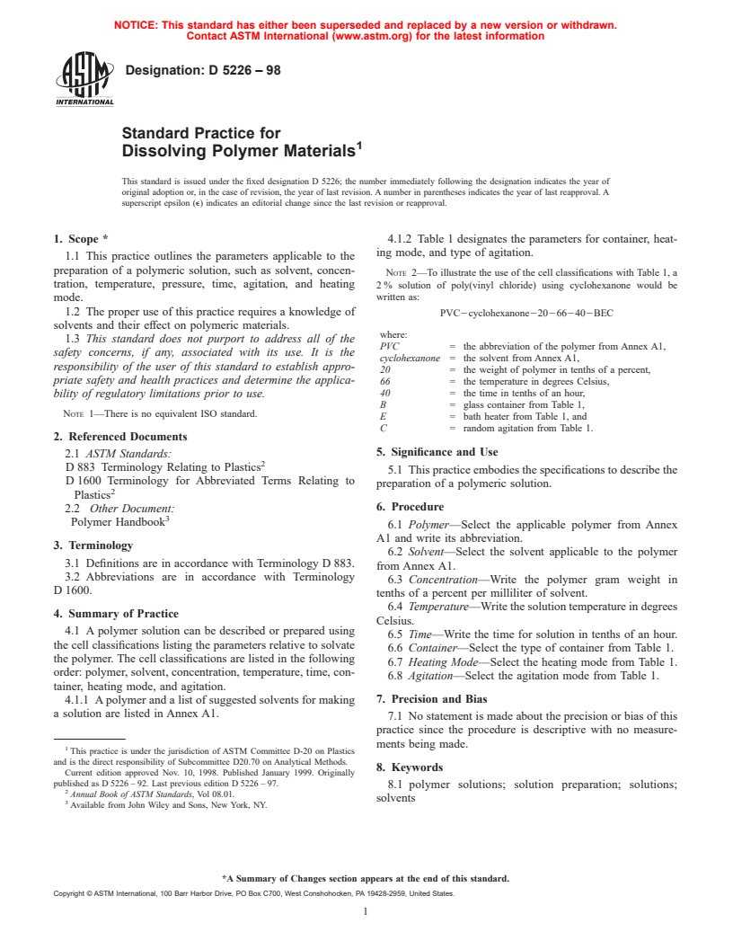 ASTM D5226-98 - Standard Practice for Dissolving Polymer Materials