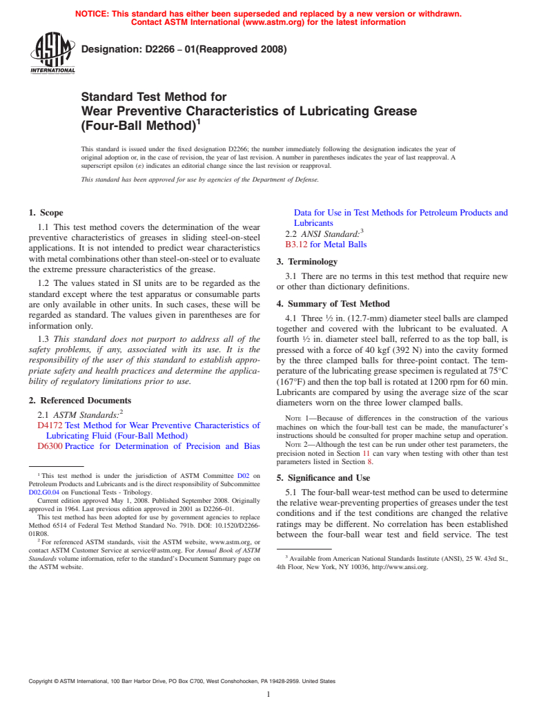 ASTM D2266-01(2008) - Standard Test Method for Wear Preventive Characteristics of Lubricating Grease (Four-Ball Method)