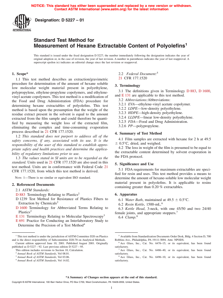 ASTM D5227-01 - Standard Test Method for Measurement of Hexane Extractable Content of Polyolefins