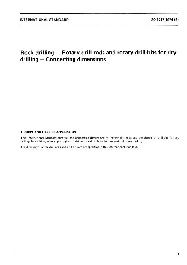 ISO 1717:1974 - Rock drilling -- Rotary drill-rods and rotary drill-bits for dry drilling -- Connecting dimensions