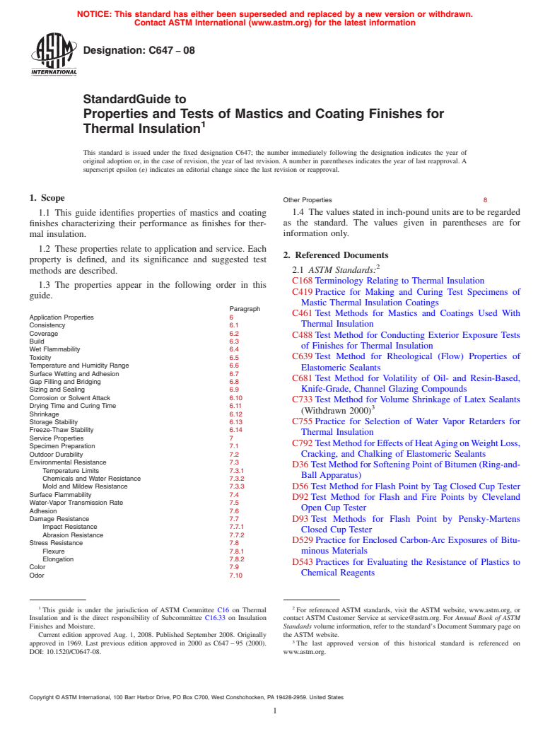 ASTM C647-08 - Standard Guide to  Properties and Tests of Mastics and Coating Finishes for Thermal Insulation