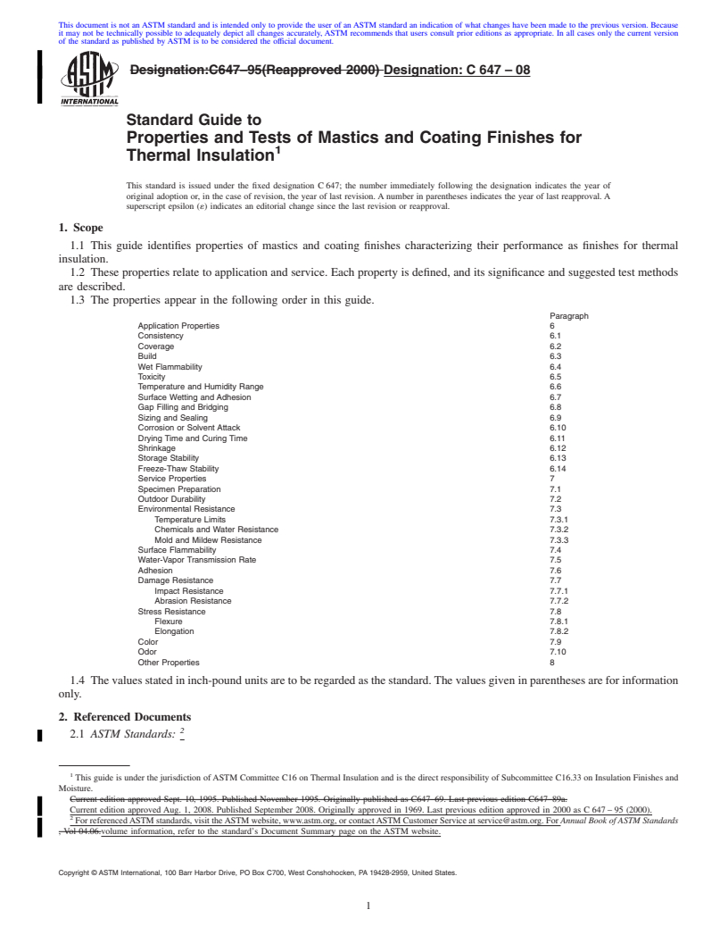 REDLINE ASTM C647-08 - Standard Guide to  Properties and Tests of Mastics and Coating Finishes for Thermal Insulation