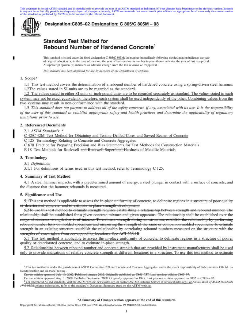 REDLINE ASTM C805/C805M-08 - Standard Test Method for  Rebound Number of Hardened Concrete