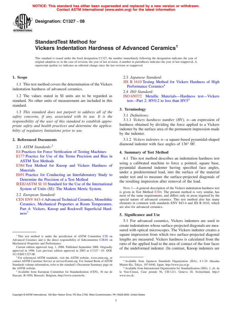 ASTM C1327-08 - Standard Test Method for  Vickers Indentation Hardness of Advanced Ceramics