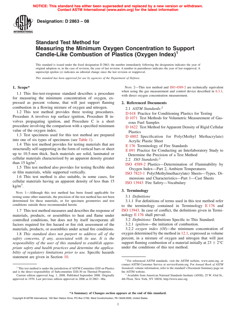 ASTM D2863-08 - Standard Test Method for  Measuring the Minimum Oxygen Concentration to Support Candle-Like Combustion of Plastics (Oxygen Index)