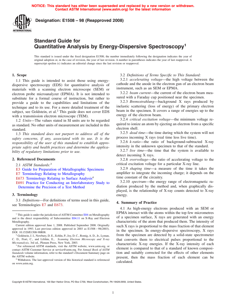 ASTM E1508-98(2008) - Standard Guide for Quantitative Analysis by Energy-Dispersive Spectroscopy