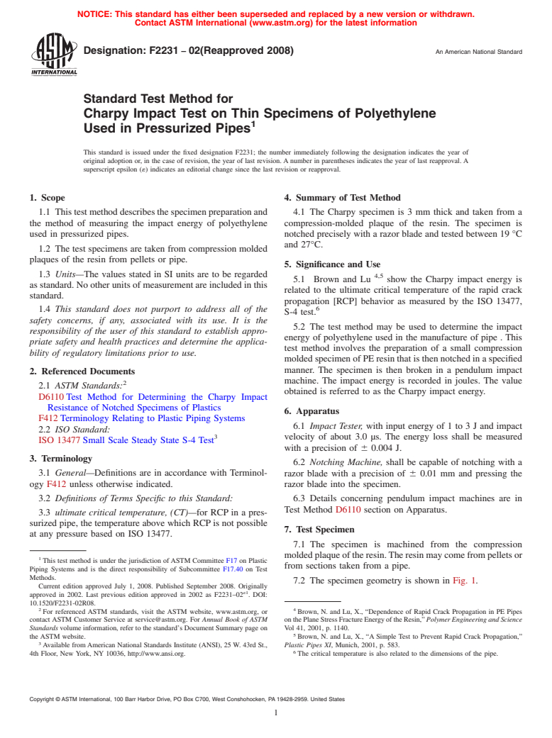 ASTM F2231-02(2008) - Standard Test Method for Charpy Impact Test on Thin Specimens of Polyethylene Used in Pressurized Pipes