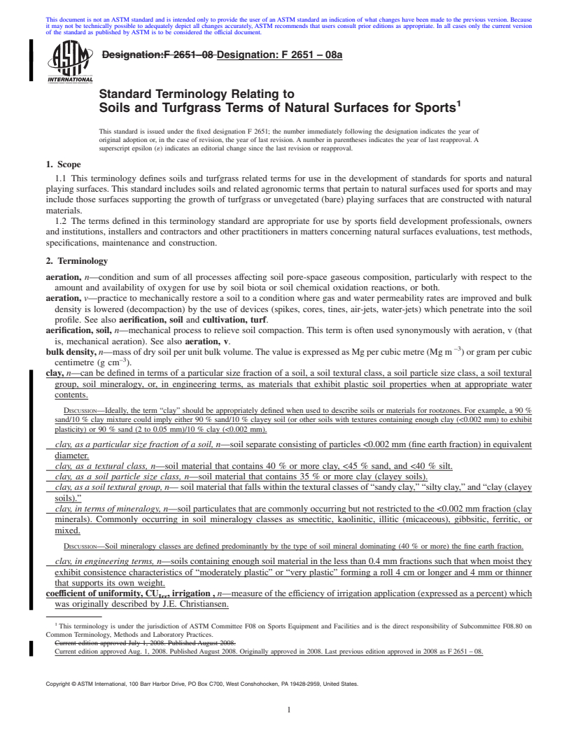 REDLINE ASTM F2651-08a - Standard Terminology Relating to Soils and Turfgrass Terms of Natural Surfaces for Sports