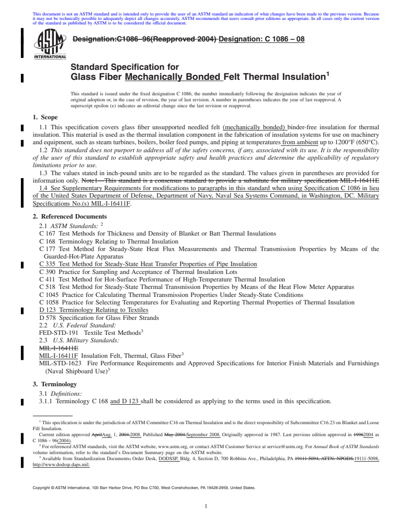 REDLINE ASTM C1086-08 - Standard Specification for  Glass Fiber Mechanically Bonded Felt Thermal Insulation