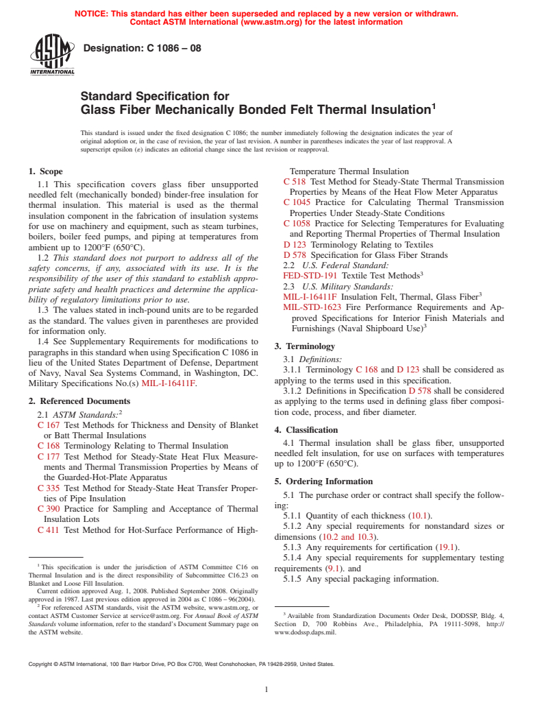 ASTM C1086-08 - Standard Specification for  Glass Fiber Mechanically Bonded Felt Thermal Insulation