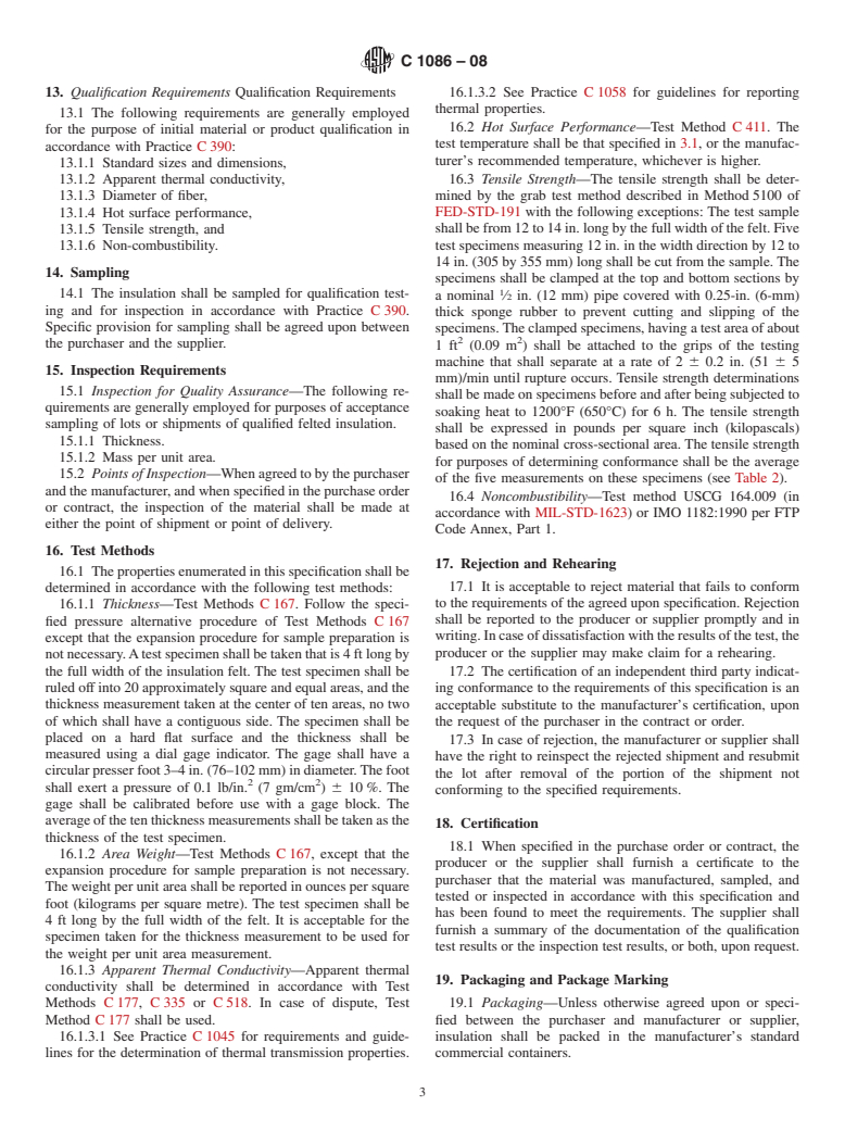 ASTM C1086-08 - Standard Specification for  Glass Fiber Mechanically Bonded Felt Thermal Insulation