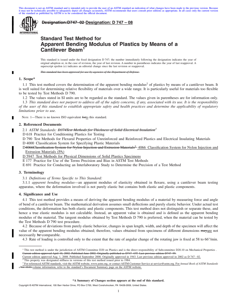 REDLINE ASTM D747-08 - Standard Test Method for  Apparent Bending Modulus of Plastics by Means of a Cantilever Beam