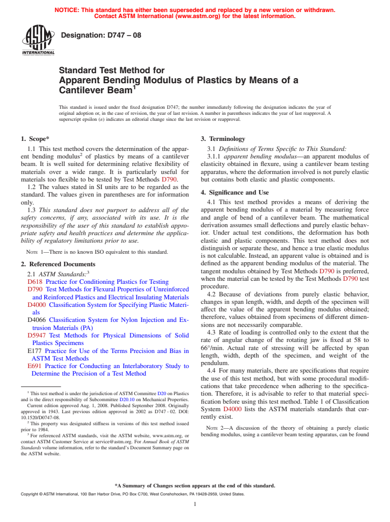 ASTM D747-08 - Standard Test Method for  Apparent Bending Modulus of Plastics by Means of a Cantilever Beam