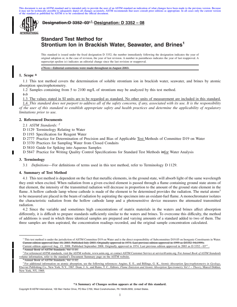 REDLINE ASTM D3352-08 - Standard Test Method for  Strontium Ion in Brackish Water, Seawater, and Brines