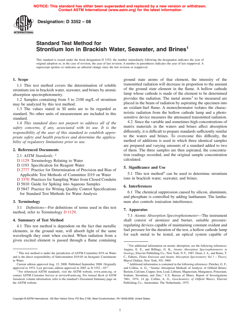 ASTM D3352-08 - Standard Test Method for  Strontium Ion in Brackish Water, Seawater, and Brines