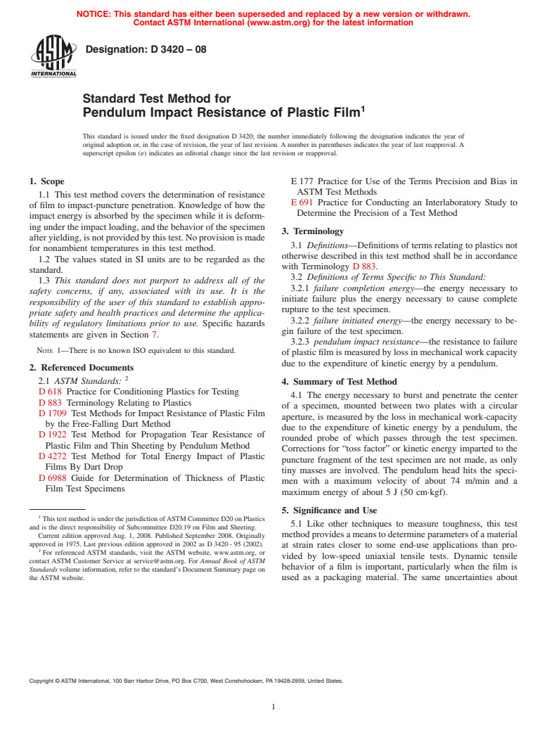 ASTM D3420-08 - Standard Test Method for  Pendulum Impact Resistance of Plastic Film