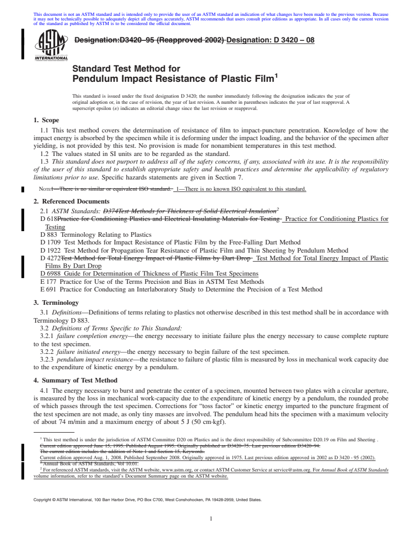 REDLINE ASTM D3420-08 - Standard Test Method for  Pendulum Impact Resistance of Plastic Film