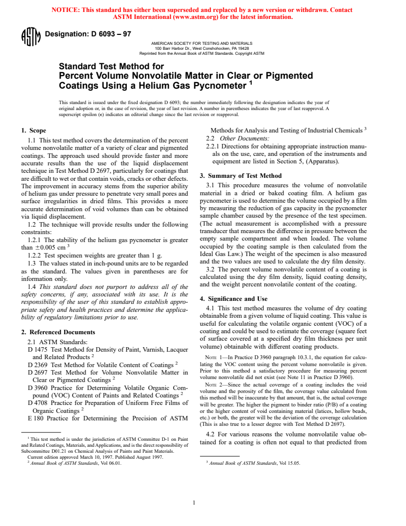 ASTM D6093-97 - Standard Test Method for Percent Volume Nonvolatile Matter in Clear or Pigmented Coatings Using a Helium Gas Pycnometer