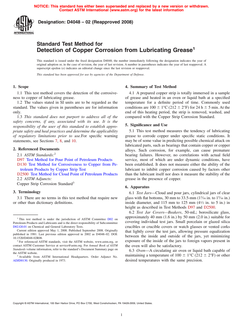 ASTM D4048-02(2008) - Standard Test Method for Detection of Copper Corrosion from Lubricating Grease