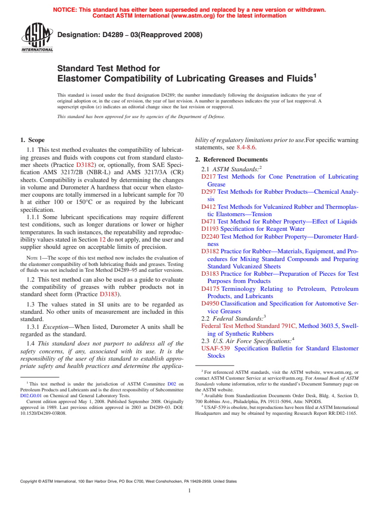 ASTM D4289-03(2008) - Standard Test Method for Elastomer Compatibility of Lubricating Greases and Fluids