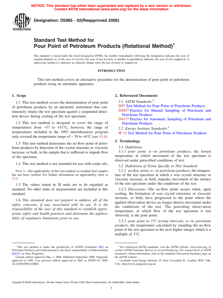 ASTM D5985-02(2008) - Standard Test Method for Pour Point of Petroleum Products (Rotational Method)