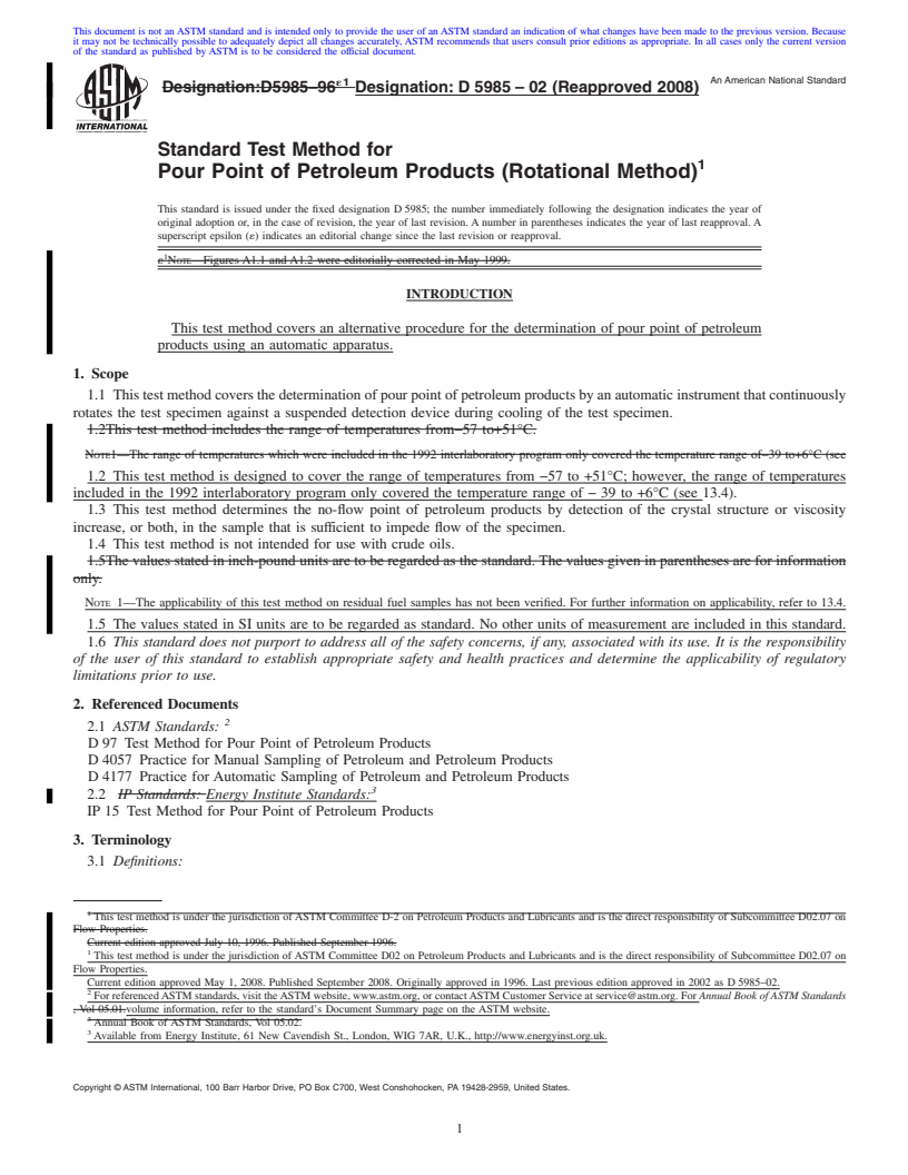 REDLINE ASTM D5985-02(2008) - Standard Test Method for Pour Point of Petroleum Products (Rotational Method)