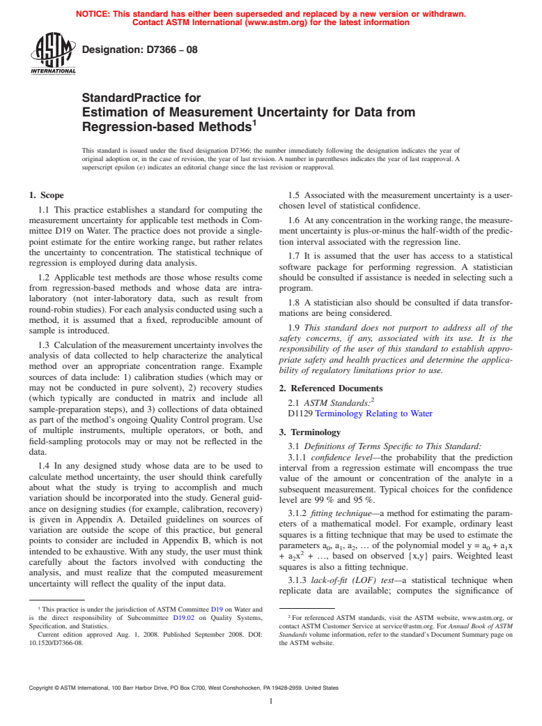 ASTM D7366-08 - Standard Practice for Estimation of Measurement Uncertainty for Data from Regression-based Methods