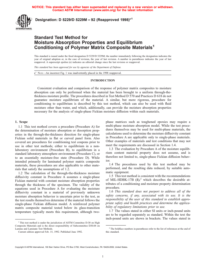 ASTM D5229/D5229M-92(1998)e1 - Standard Test Method for Moisture Absorption Properties and Equilibrium Conditioning of Polymer Matrix Composite Materials