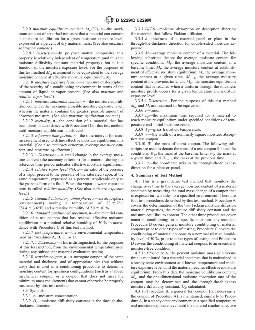 ASTM D5229/D5229M-92(1998)e1 - Standard Test Method for Moisture Absorption Properties and Equilibrium Conditioning of Polymer Matrix Composite Materials