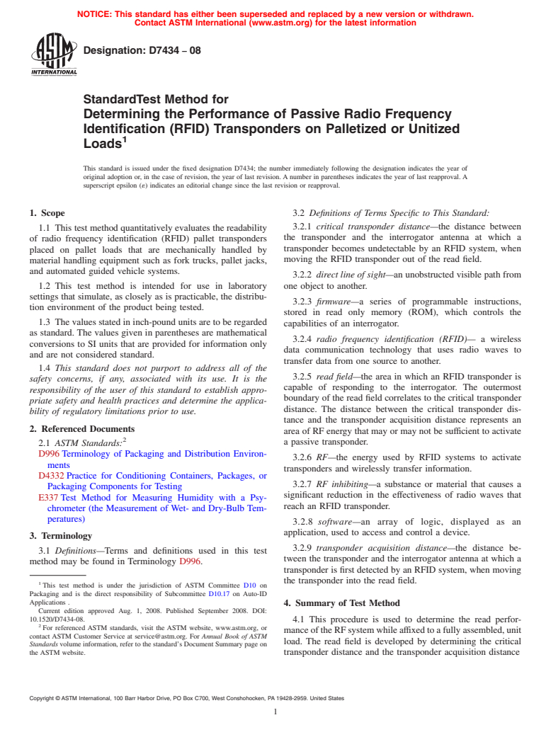 ASTM D7434-08 - Standard Test Method for Determining the Performance of Passive Radio Frequency Identification (RFID) Transponders on Palletized or Unitized Loads