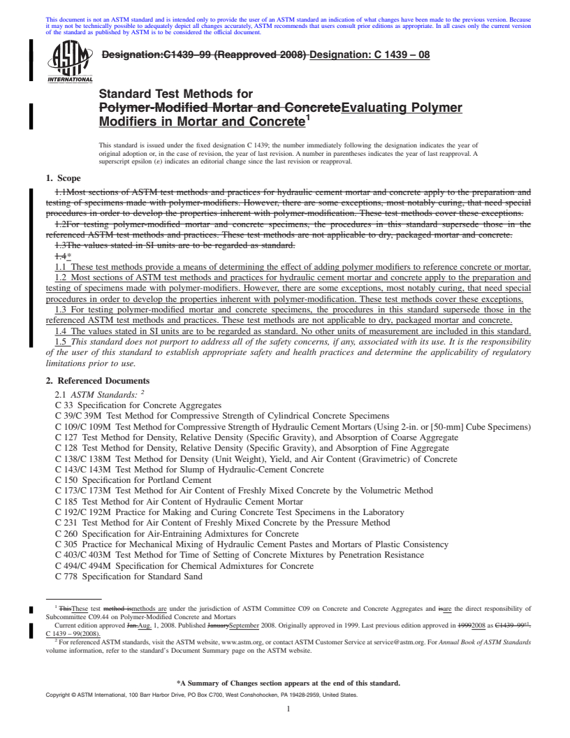 REDLINE ASTM C1439-08 - Standard Test Methods for Evaluating Polymer Modifiers in Mortar and Concrete